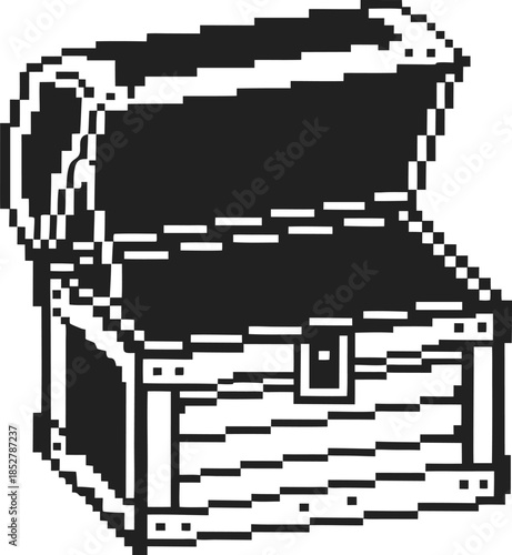 Open pixel treasure chest icon retro 8 bit game loot box symbol with raised lid, vintage monochrome digital art illustration