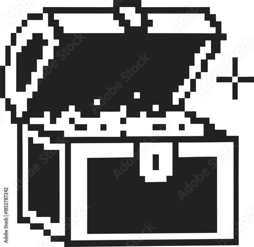 Retro pixel treasure chest icon with open lid and sparkling coins classic monochrome 8 bit game reward, loot box, victory prize symbol