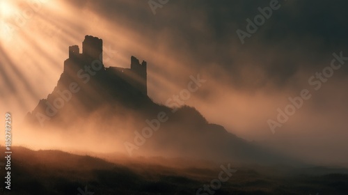 Ancient castle silhouette bathed in morning sunlight and mist creating a dramatic scenic view
