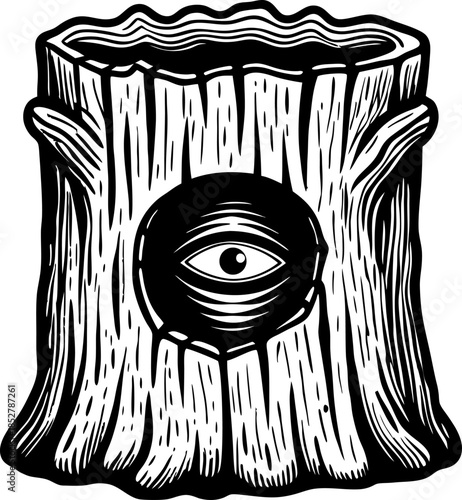 Enchanted tree stump with mystical all seeing eye symbol surreal occult wood carving illustration in monochrome hand drawn