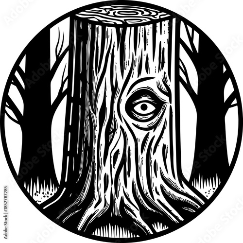 Mysterious forest stump with single eye inside circular frame surreal woodland emblem, eerie tree illustration, occult nature symbol