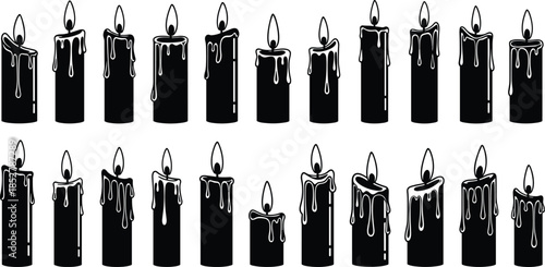 Melting Candle Silhouette Vector Set, Dripping Wax and Burning Flame Icons, Black Graphics for Spooky Halloween, Gothic, Memorial, Celebration, and Religious Design Elements Collection