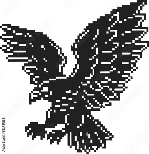 Eagle silhouette pixel art icon retro flying bird with spread wings, vintage 8bit predatory animal symbol on white background