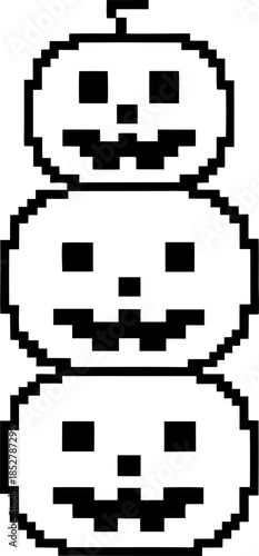 Pixel art stacked pumpkin faces in vertical tower retro black and white halloween jack o lantern icons, simple 8 bit holiday design
