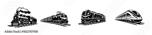 Train collection, vintage and modern engines, flat vector illustration