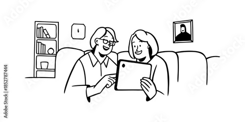 Senior Couple Using Tablet Together at Home with Warm and Positive Mood