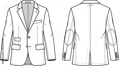 Men classic blazer jacket with elbow patches, front and back view, fashion CAD drawing, clean flat vector illustration