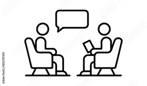 Outline icon of two people sitting in chairs having a conversation, concept of job interview, counseling or therapy