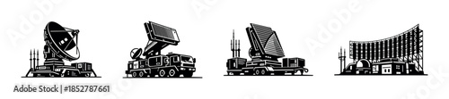 Military radar and antenna systems, flat vector illustration with satellite dish