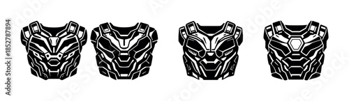 Futuristic armor designs, sci-fi body gear, flat vector illustration