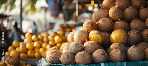 Wallpaper Mural Close-up of fresh brown coconuts piled high at a vibrant outdoor tropical fruit market stall Torontodigital.ca