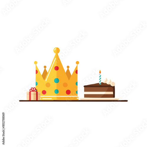 Flat lay of a colorful birthday crown, a wrapped gift, and a slice of chocolate cake with a lit candle on a brown surface against a white background.