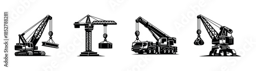 Construction cranes collection, heavy lifting machinery, flat vector illustration