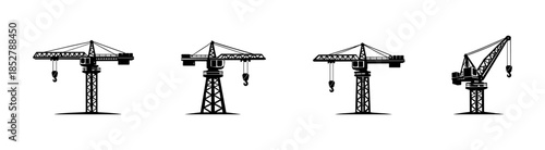 Construction crane collection, silhouettes, machinery, flat vector illustration