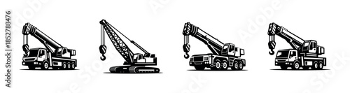 Construction cranes set, flat vector illustration, heavy machinery equipment