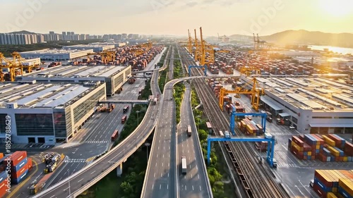Aerial view of a bustling industrial port with cranes, cargo containers, and vehicles on highways and railways