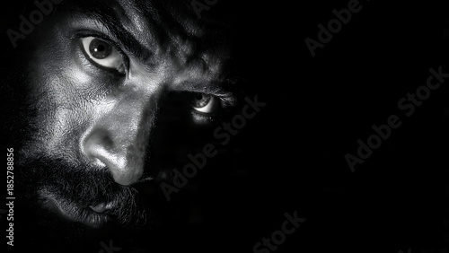 A stark, dramatic close-up captures a man's intense, angry gaze in this high-contrast black and white photograph, with deep shadows obscuring much of his face
