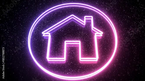Glowing neon house icon in a circle symbolizes a futuristic home or website main navigation button