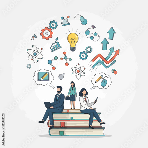 innovative collaborative workspace with digital ideas and scientific symbols for creative teamwork