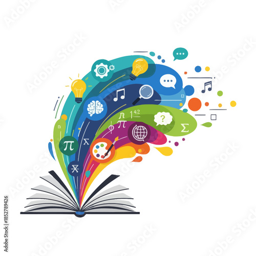 Vibrant open book bursting with colorful icons representing knowledge and creativity in a dynamic