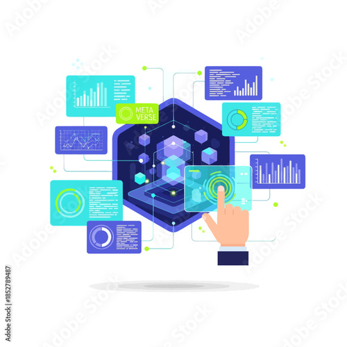 Futuristic digital interface with data visualization and interactive touchscreen control