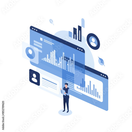 Digital data analysis interface with graphs charts and user profile visuals emphasizing analytics