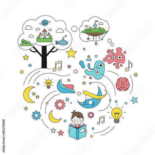 Whimsical fantasy world with floating islands, playful creatures, and imaginative elements in a