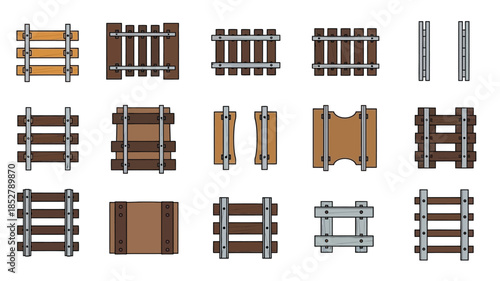 A collection of various railway track segments in a pixel art style