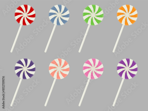 Colorful swirl lollipop vector set. Sweet round hard candy icons for confectionery branding, birthday party invitations, Halloween designs, sweet shop logos, and dessert menus