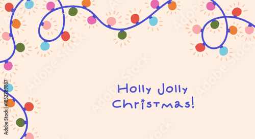 Christmas banner background design with greeting typography and festive light garlands. Seasonal winter holiday with lightbulb string decoration. Xmas and New Year ornament. Flat vector illustration