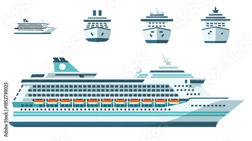 An illustrated collection of various cruise ships and ocean liners front and side views