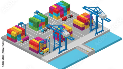 Isometric view of a colorful container port with cranes and cargo