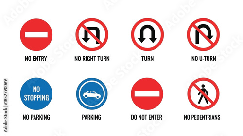 Various traffic regulation signs including no entry turns stopping and pedestrians