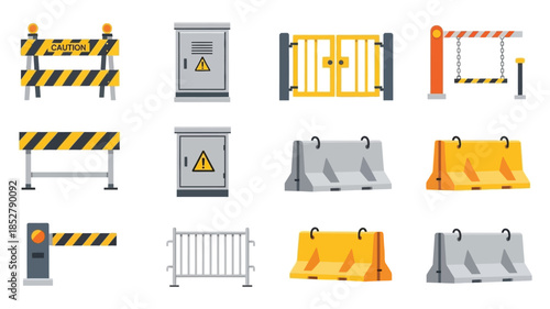 Collection of construction barriers safety equipment and road work signage icons