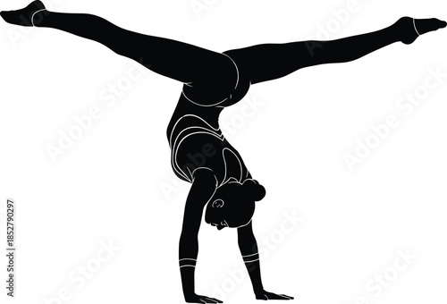 Gymnast handstand split silhouette, athletic pose, balance and flexibility, leotard sketch, black illustration, sports movement icon