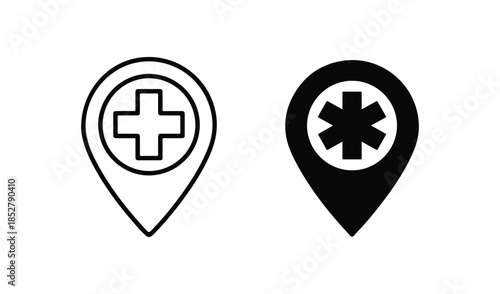Medical location map pin icons with cross and star of life symbols for hospital and healthcare tracking.