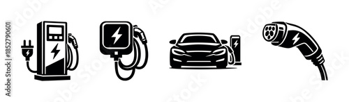 Electric vehicle charging station, car, cable, connector flat vector illustration