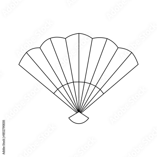 A stylized outline illustration of a folding fan, a portable device used for cooling, elegantly opened to reveal its segmented design