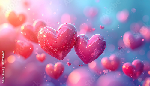 Heartfelt Affection: A romantic composition of shiny pink hearts floating against a soft gradient, conveying love and togetherness. 