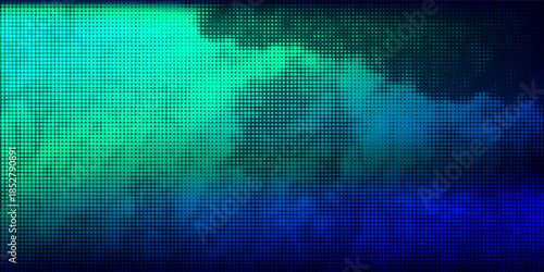 halftone with blue-green gradation, abstract background pattern, neon light reflecting walls and floors, dark colors, and feel the speed of digital technology connected with blue-green background.