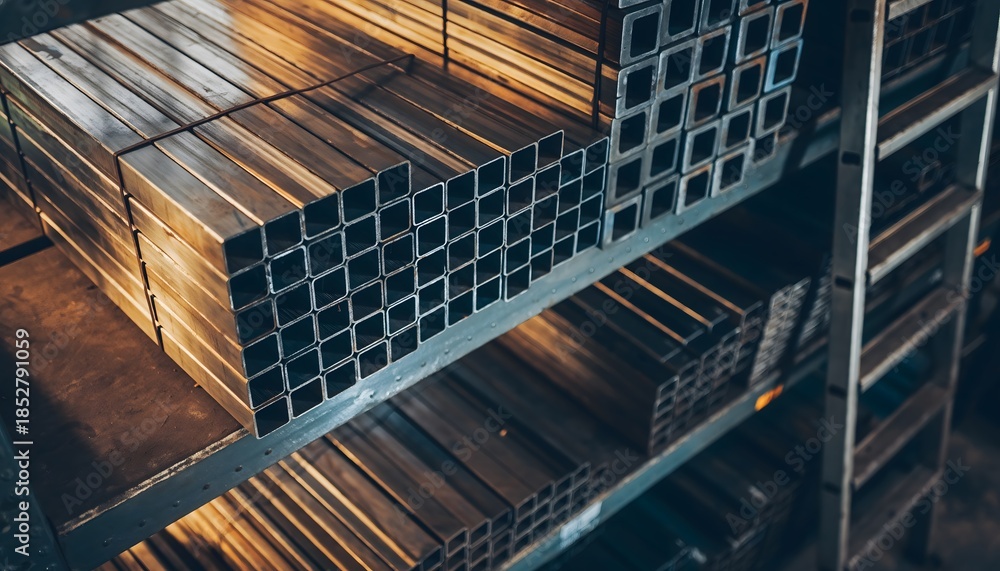 Fototapeta premium Neatly organized stacks of various metal profiles, including square tubes and rectangular bars, awaiting use in a bustling industrial warehouse