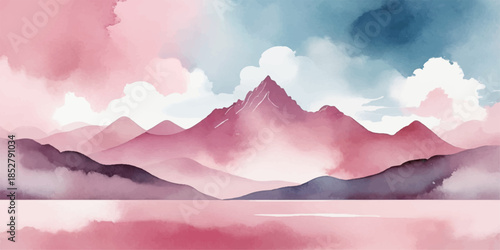 A breathtaking mountain landscape at sunrise featuring misty valleys and snow-capped peaks under a blue summer sky filled with golden clouds and forest hills stretching toward the horizon