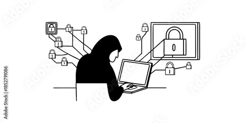 Cybersecurity Concept with Digital Lock and Data Protection Icons on Laptop