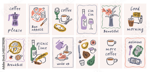 Breakfast cards in Dolce Vita doodle style. Kitchen sketch posters set with scribble drawings, coffee, pancakes, egg, morning food, Italian moka pot, wineglass and phrases. Flat vector illustrations