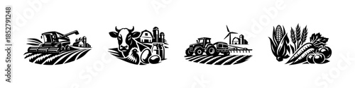 Farm equipment and produce, flat vector illustration, agriculture, harvest