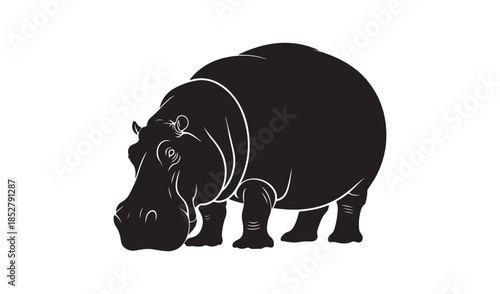 Front perspective silhouette of a hippopotamus for nature conservation and safari adventure themes.