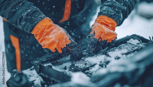 Wallpaper Mural Worker's gloved hands in orange and black clearing fresh snow from vehicle's engine bay during cold winter weather. Torontodigital.ca