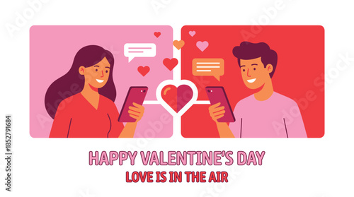 Online romantic couple chatting on smartphones sharing hearts happy valentines day digital love illustration modern relationship background design