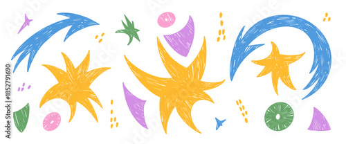 Pastel brush space stars and abstract geometric figures with chalk-like texture set. Hand-drawn doodle elements. Perfect for creative illustrations, kid chalk stickers. Vector blinks spark elements.