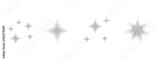 Gradient grain star burst with halftone dots and grainy texture creates dynamic graphic design. Stippled noise effects blinks sparkling glitter element. Vector isolated glints isolated on white bg.